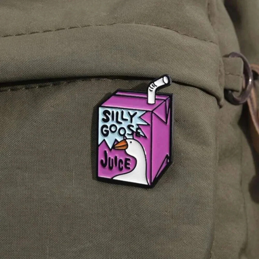 Pink white juice box Silly Goose Juice enamel brooch pin backpack denim bag hat